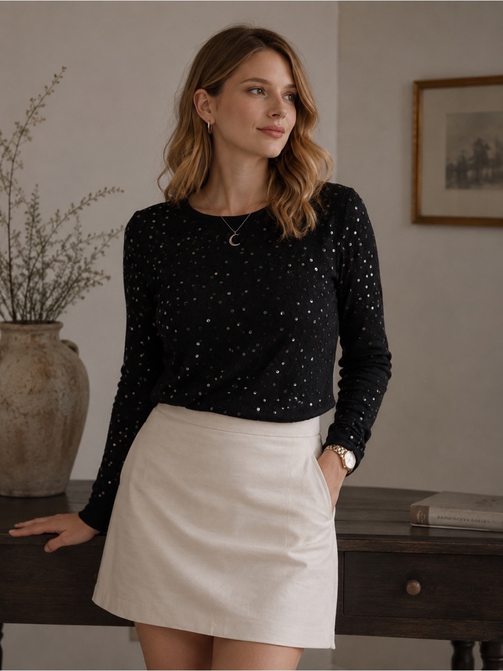 Black Sequin Crewneck Sweater Sparkle Detail Office Preppy Whimsigoth Night Out